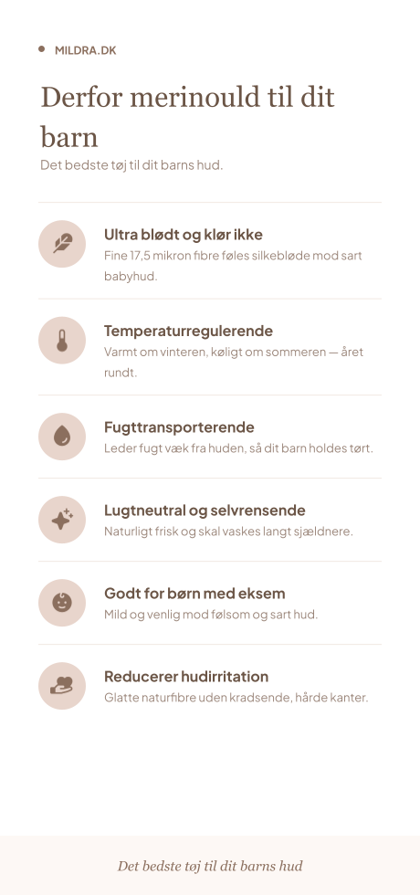Infografik om fordele ved merinould til barns hud
